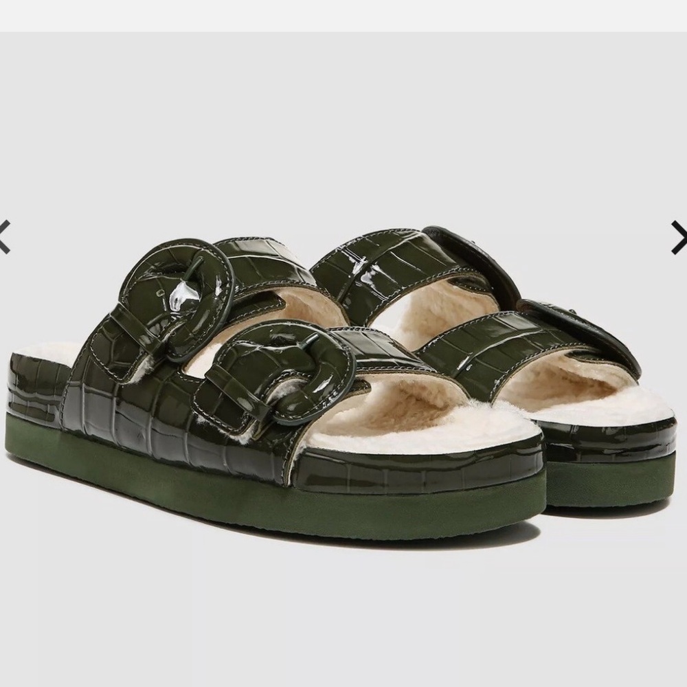 Vince Sherpa lined croc Birkenstock style sandals green